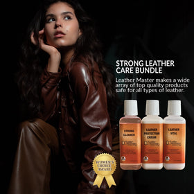 Leather Master kit contents with scale for size and travel-friendly benefit