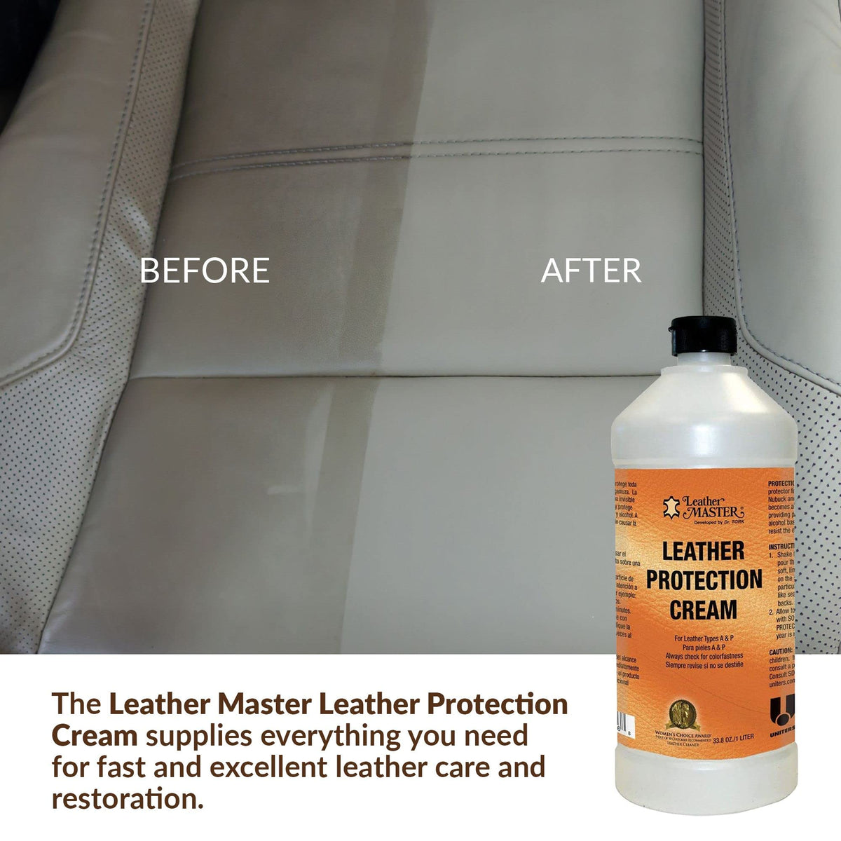 Leather Master 1 litre beside a shoe and cloth showing scale and long-lasting supply