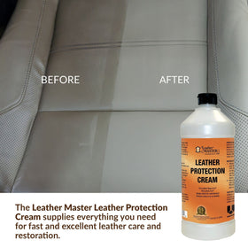 Leather Master 1 litre beside a shoe and cloth showing scale and long-lasting supply