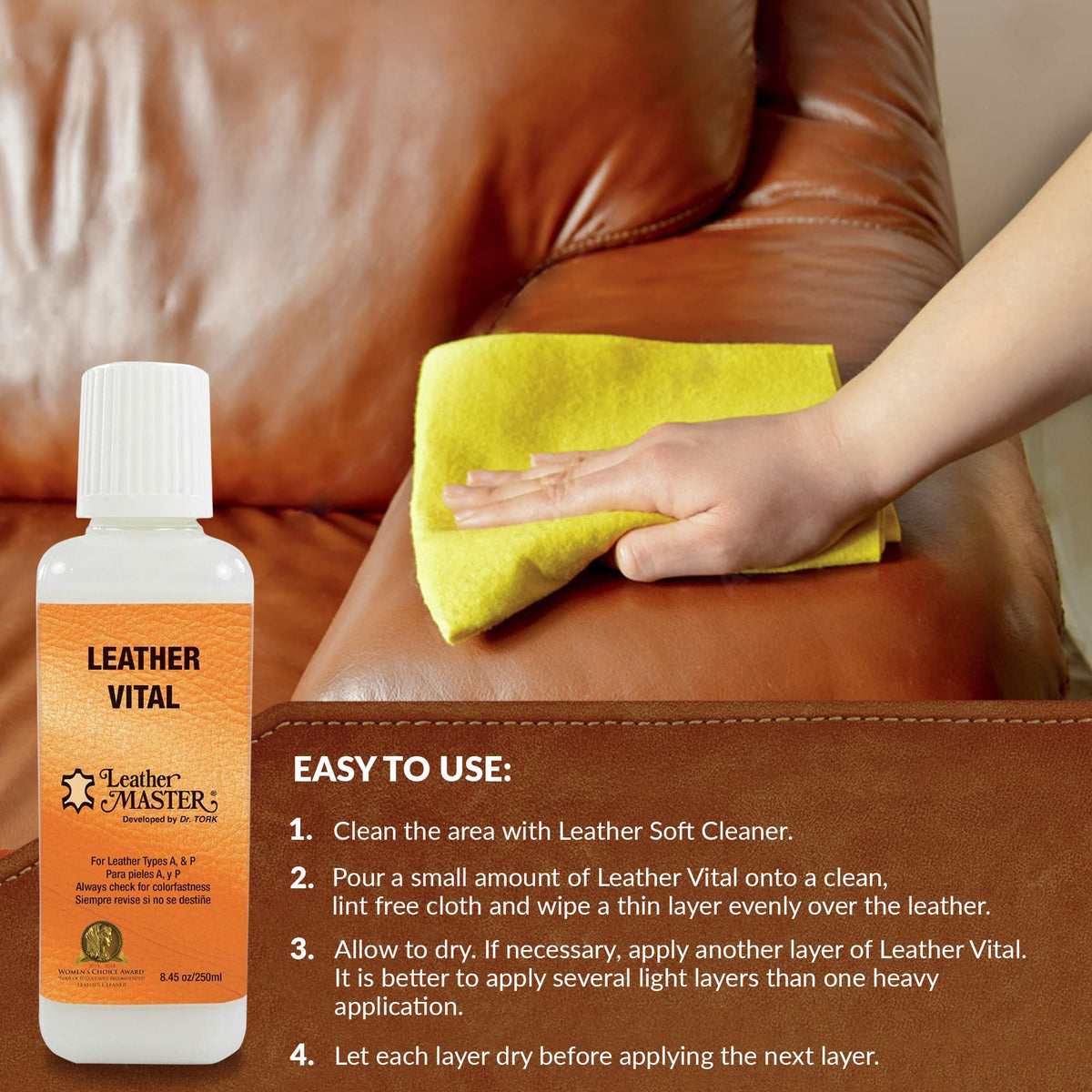 Leather Master bottle in hand for scale demonstrating compact 250ml size