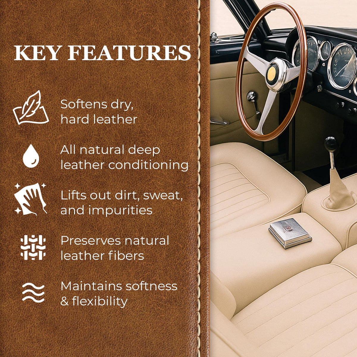Leatherique being applied on car seat to restore soft feel