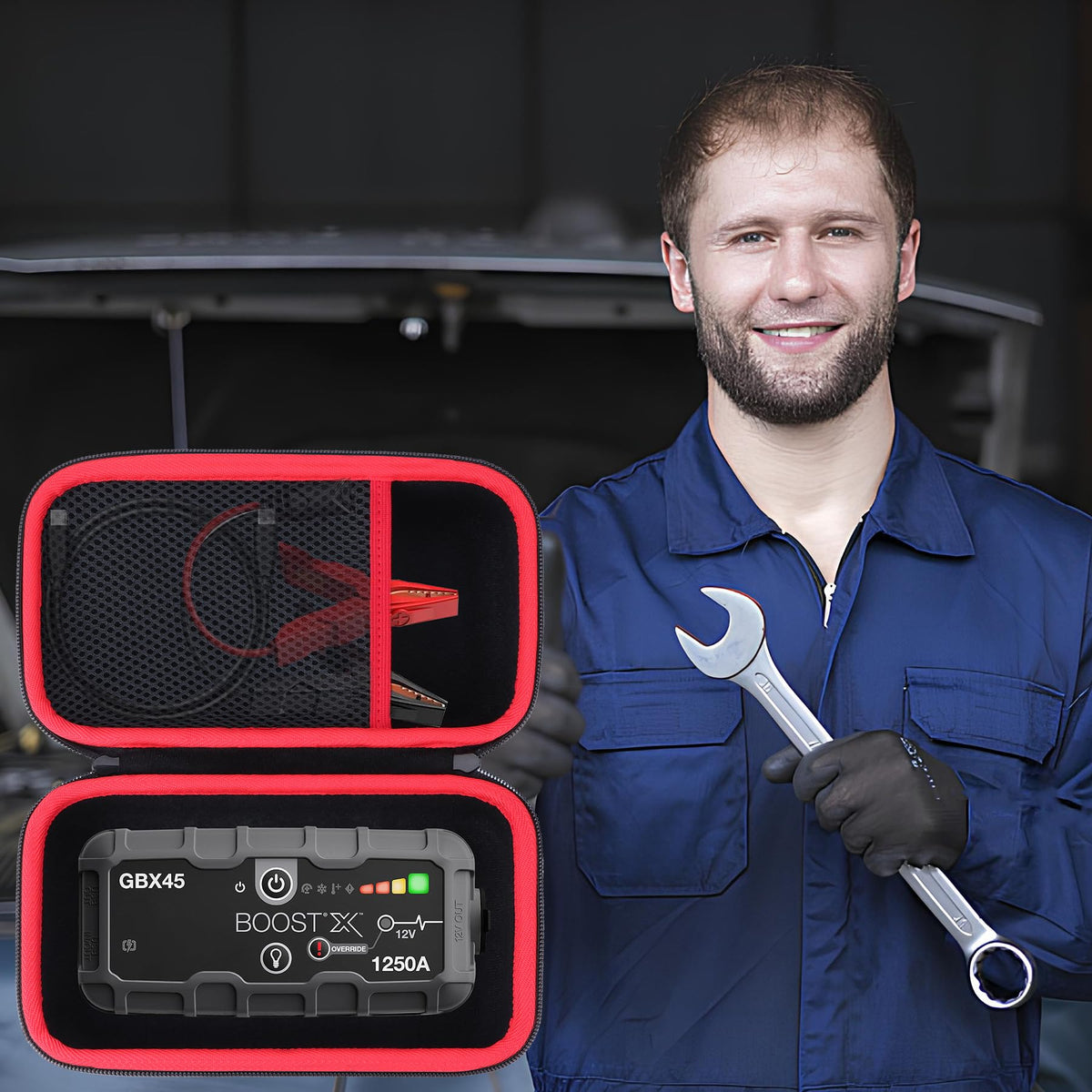 Lebakort case in car trunk ready for roadside use with Boost X GBX45