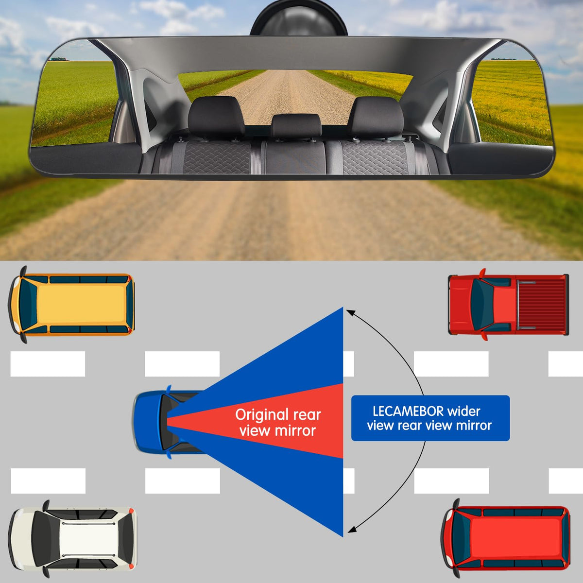 LECAMEBOR mirror in driving scene showing anti-glare benefit during night commute