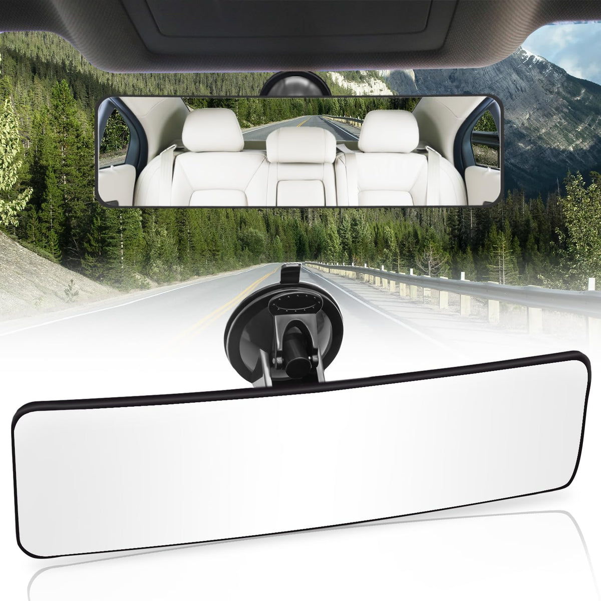 LECAMEBOR front view showing wide rounded rectangle mirror improving rear visibility