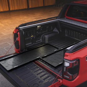 LECARDIO front view of cargo tray in truck bed showing organized storage benefit