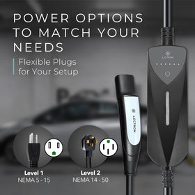 Lectron 20ft cable and NEMA 14-50 and 5-15 plugs showing flexible outlet options
