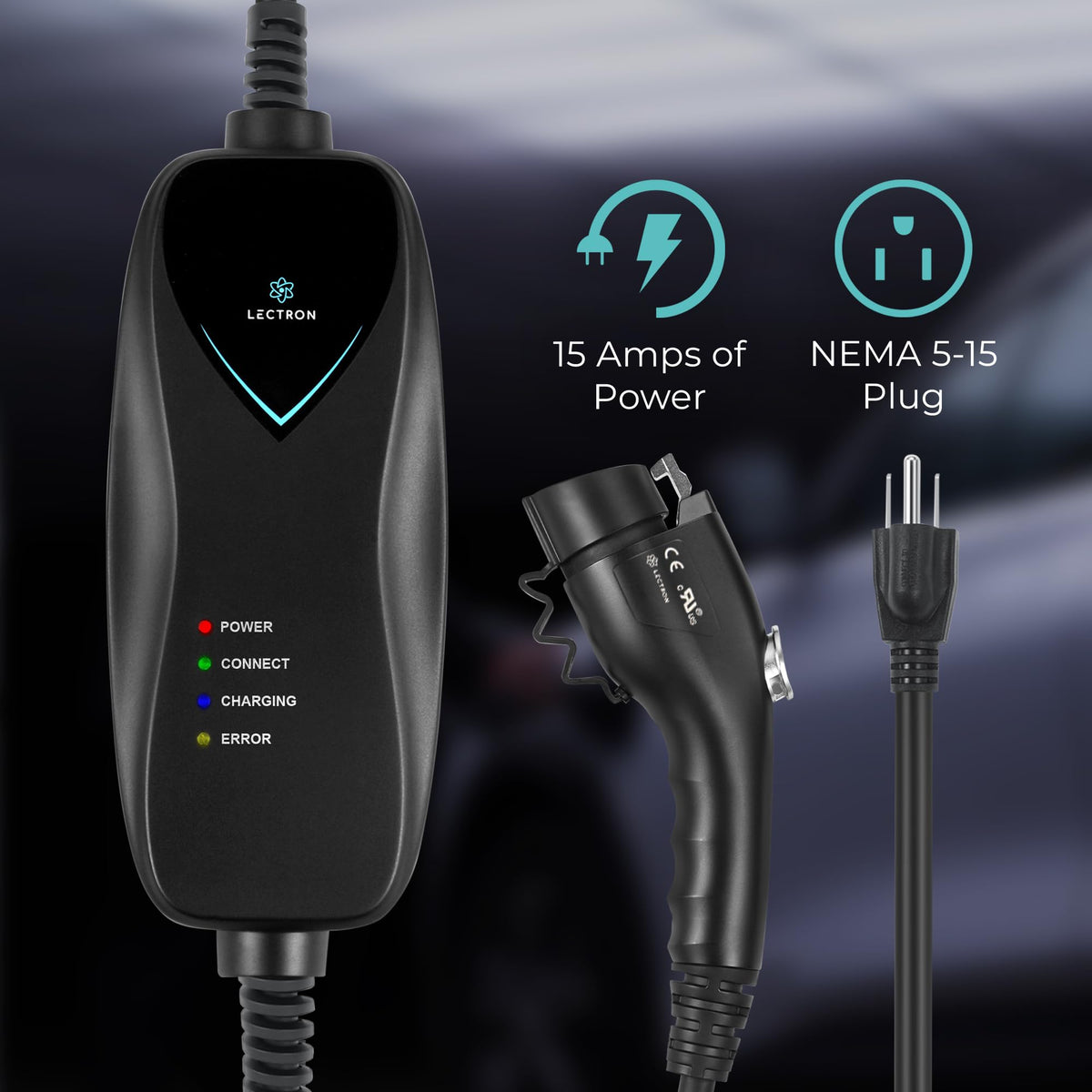 Lectron charger connected to an EV illustrating simple plug-and-play use