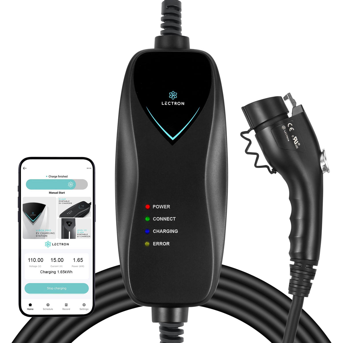Lectron front view of charger showing compact housing and controls for easy storage