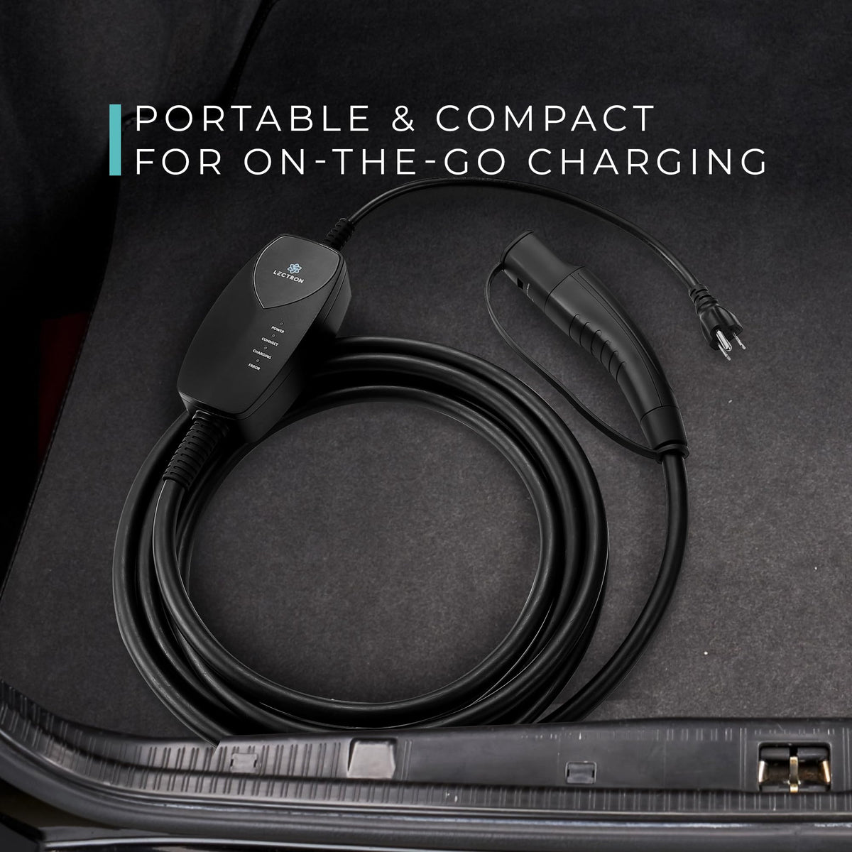 Lectron charger held in hand demonstrating portable, travel-friendly size