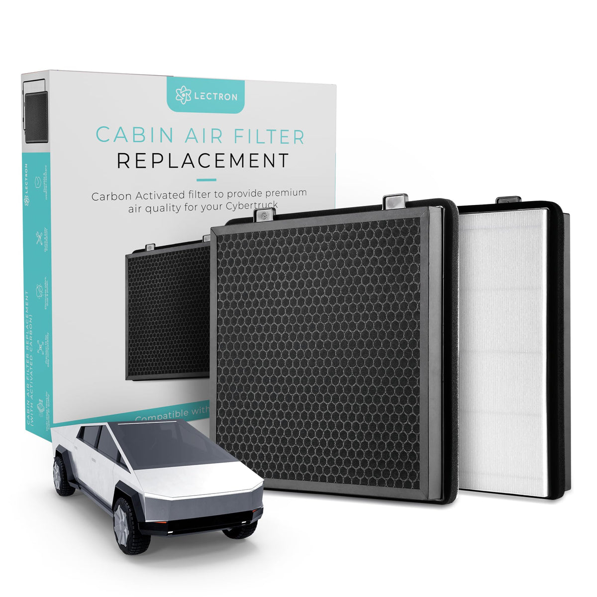 Lectron front packaging showing product and fit for Cybertruck, clear compatibility benefit