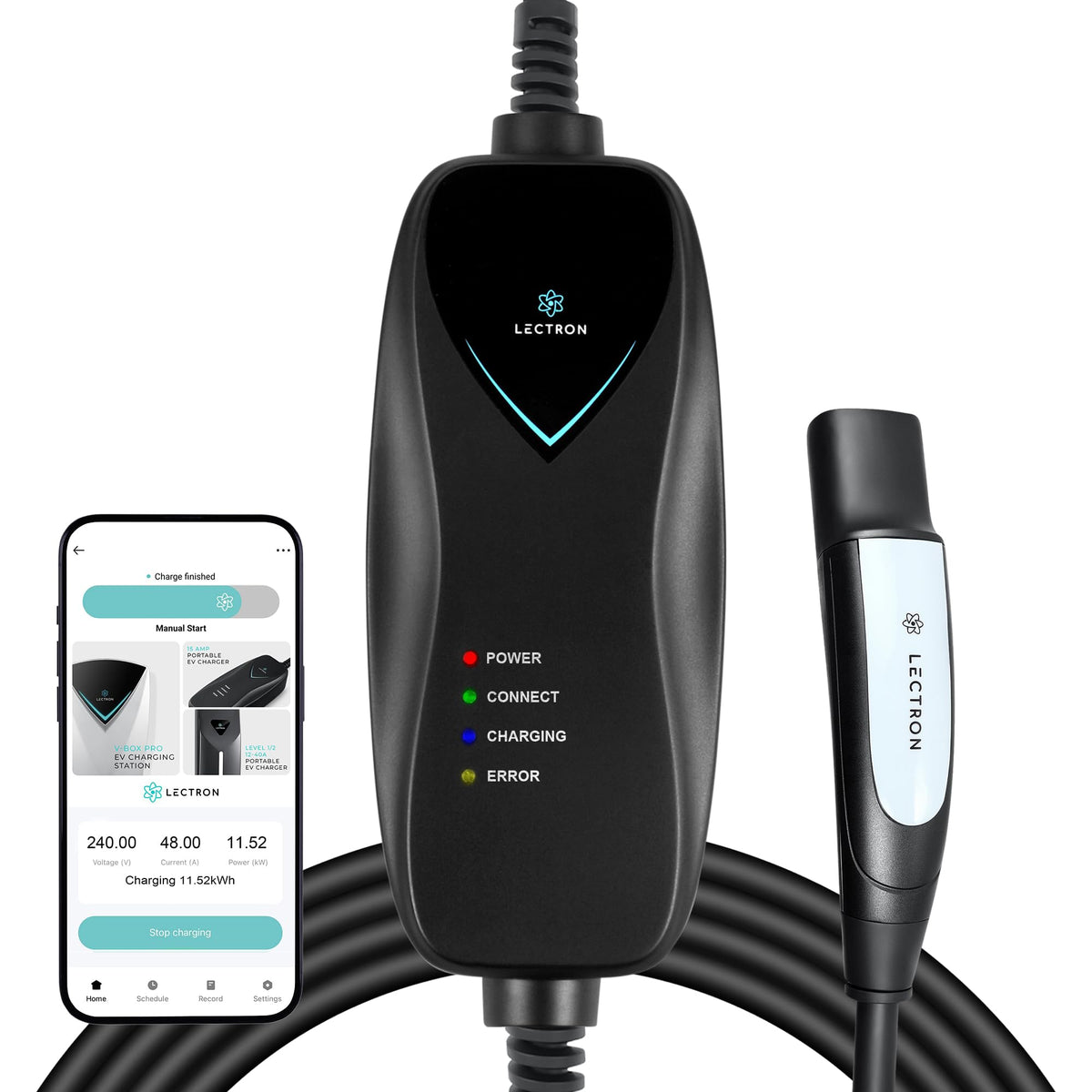 Lectron front view of charger showing compact portable design and brand