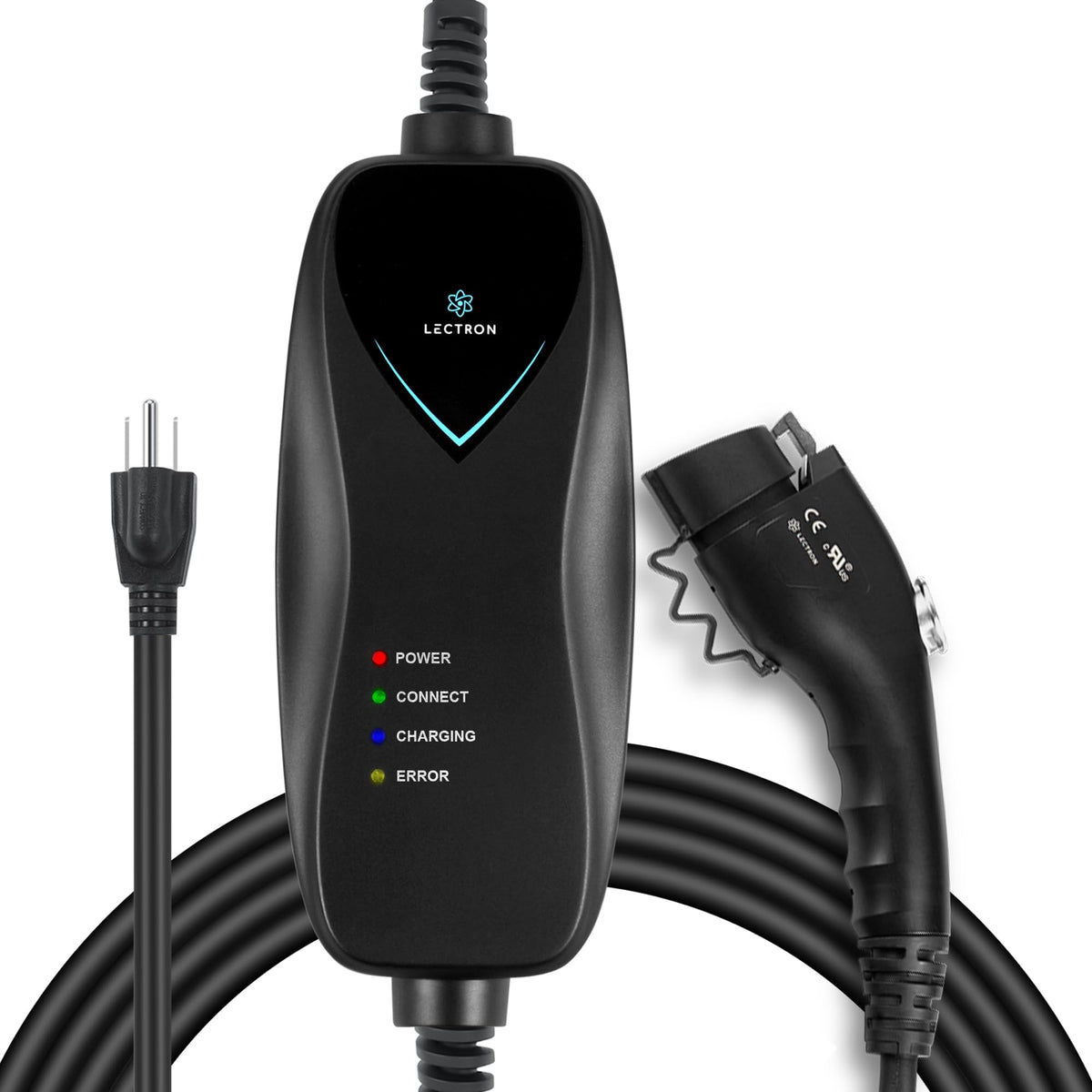 Lectron front view of charger showing compact housing and easy carry benefit
