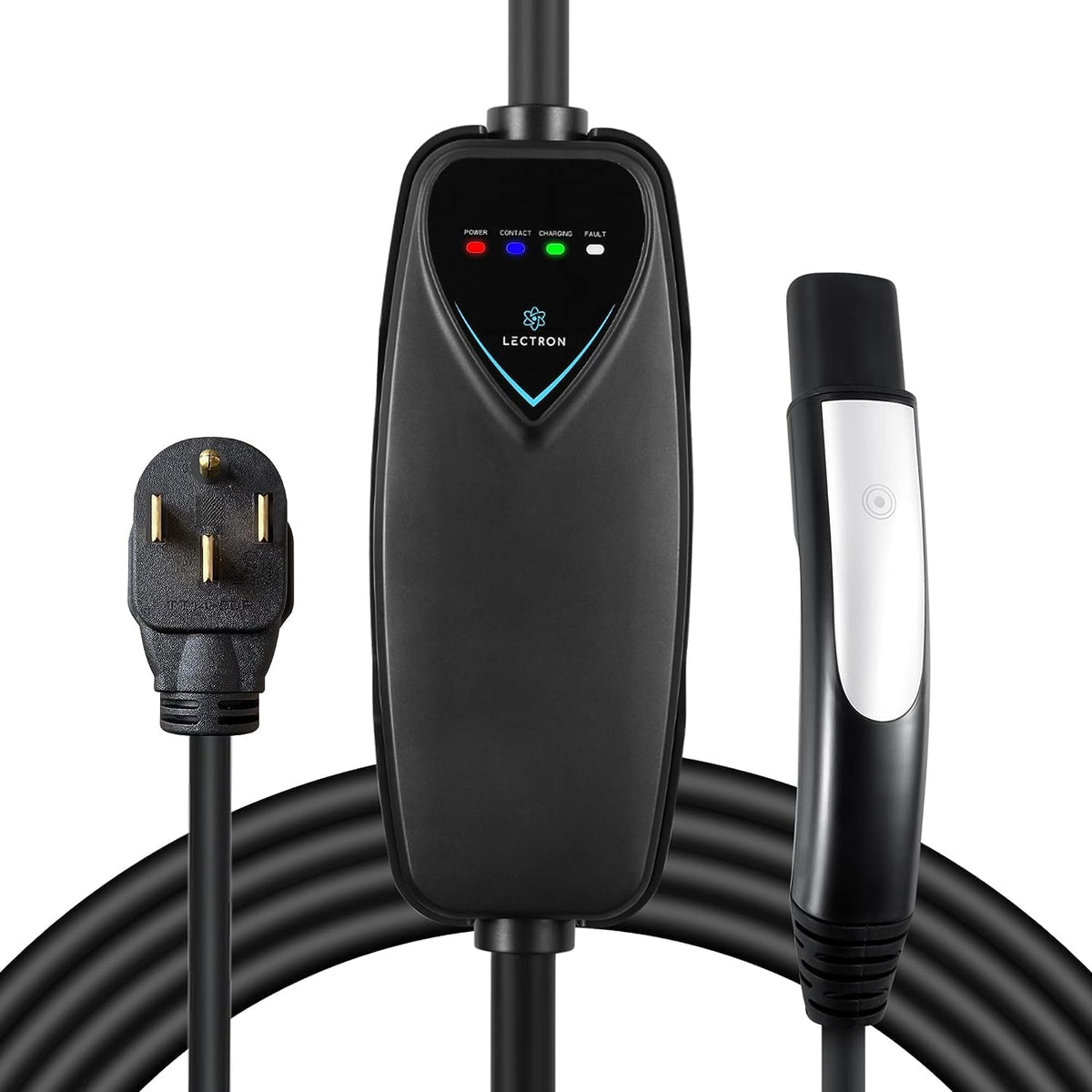 Lectron front view of portable Level 2 charger showing compact design and plug benefit