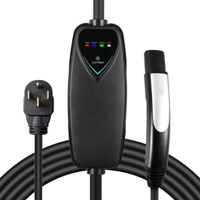 Lectron front view of portable Level 2 charger showing compact design and plug benefit