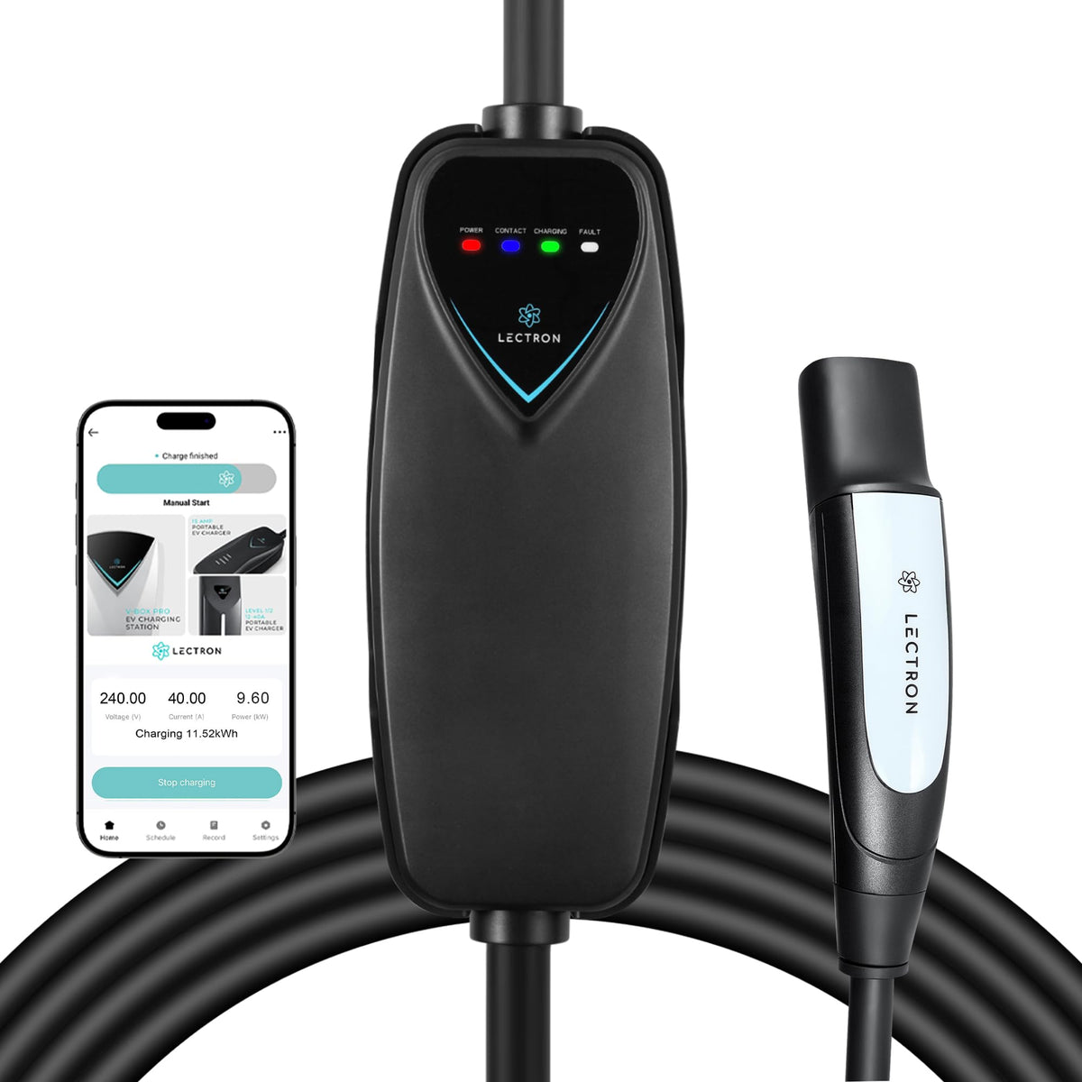 Lectron front view plugged into NEMA 14-50 showing convenient portability and fast charging