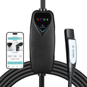 Lectron front view plugged into NEMA 14-50 showing convenient portability and fast charging