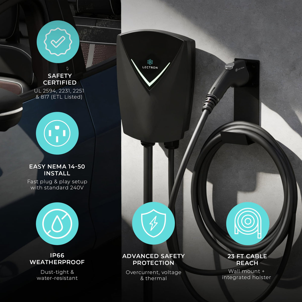 Lectron plugged into EV charging port demonstrating seamless J1772 compatibility and convenience