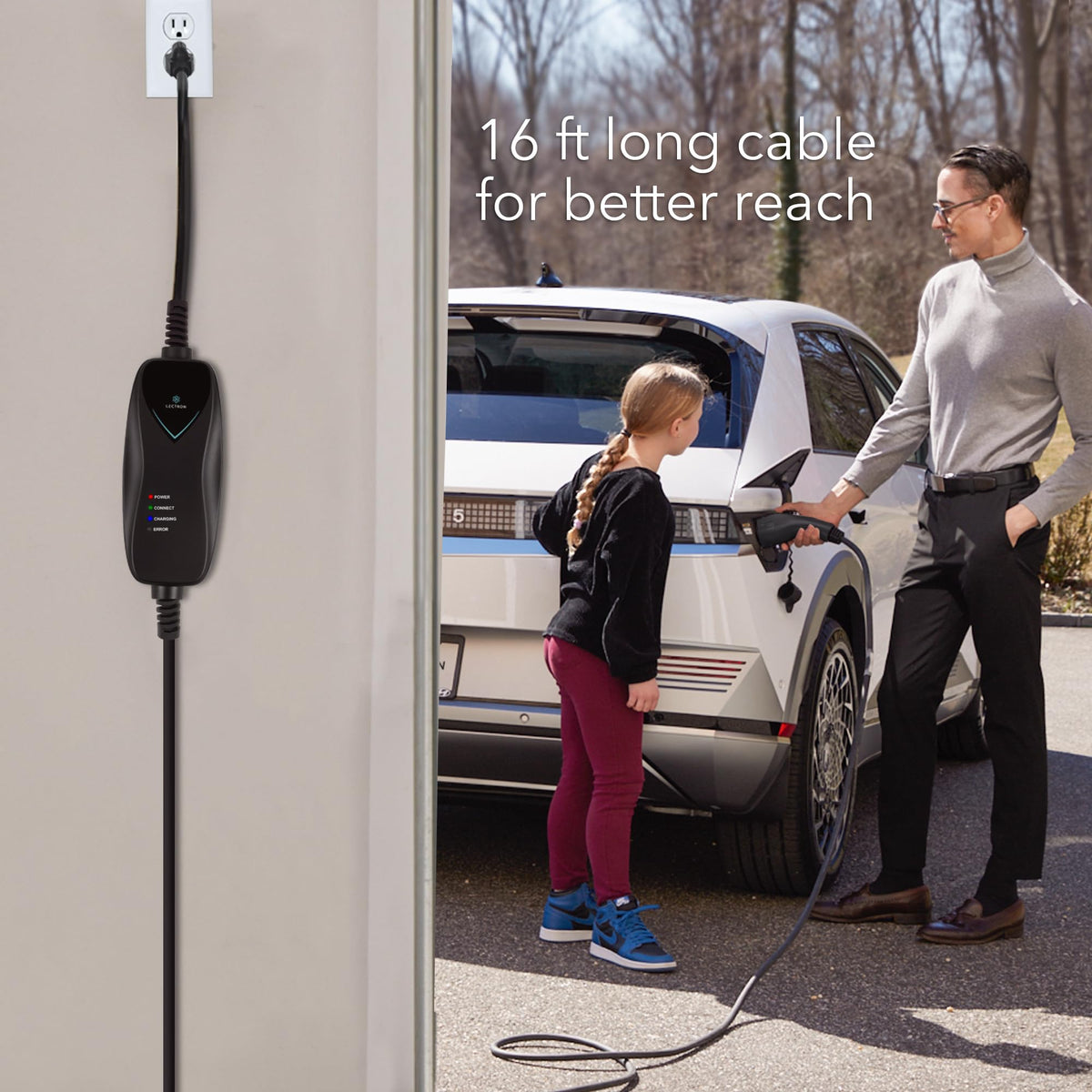 Lectron near parked EV at home showing real-world charging lifestyle benefit