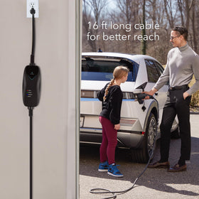 Lectron near parked EV at home showing real-world charging lifestyle benefit