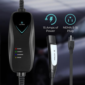 Lectron plugged into NEMA 5-15 wall outlet demonstrating simple home charging