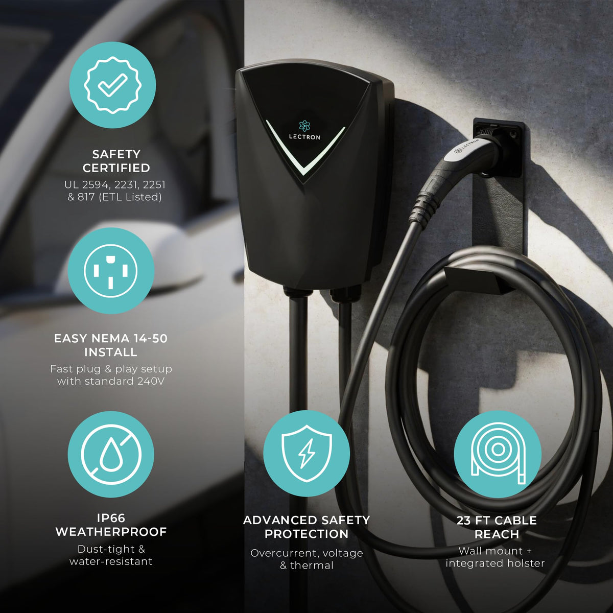 Lectron plugged into NEMA 14-50 outlet demonstrating simple plug-and-play setup