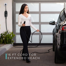 Lectron unit plugged into a Tesla showing convenient at-home charging
