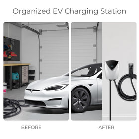 Lectron installed in garage showing organized Tesla charger and clear floor