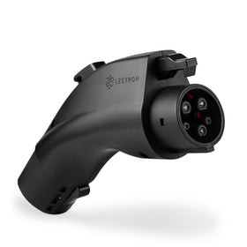 Lectron adapter front view showing NACS plug and J1772 inlet for quick charging access