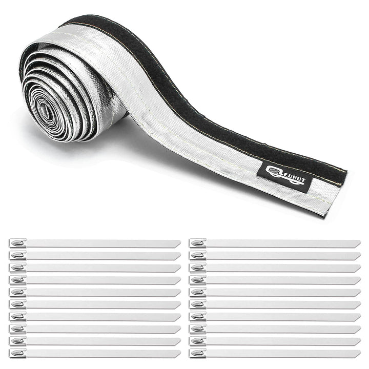 LEDAUT front view of packaged aluminized heat shroud sleeve showing product and length, protective barrier