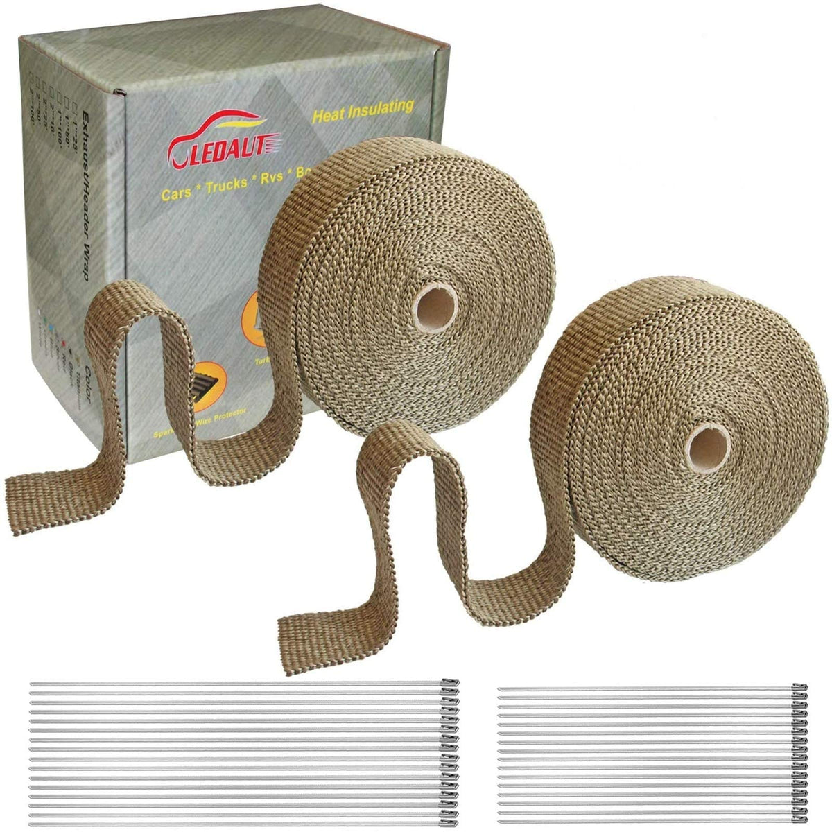LEDAUT front packaging showing two titanium wrap rolls and ties benefiting quick identification