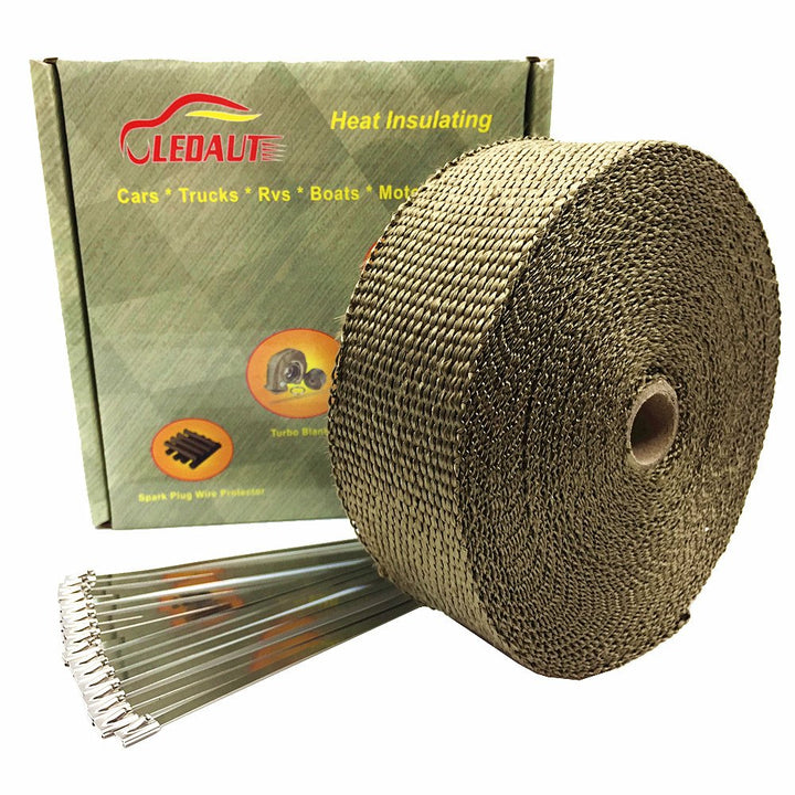 LEDAUT front packaging of titanium exhaust wrap showing contents and benefits