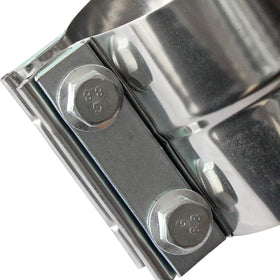 LEDAUT clamp installed on a muffler connection, serviceable and secure joint