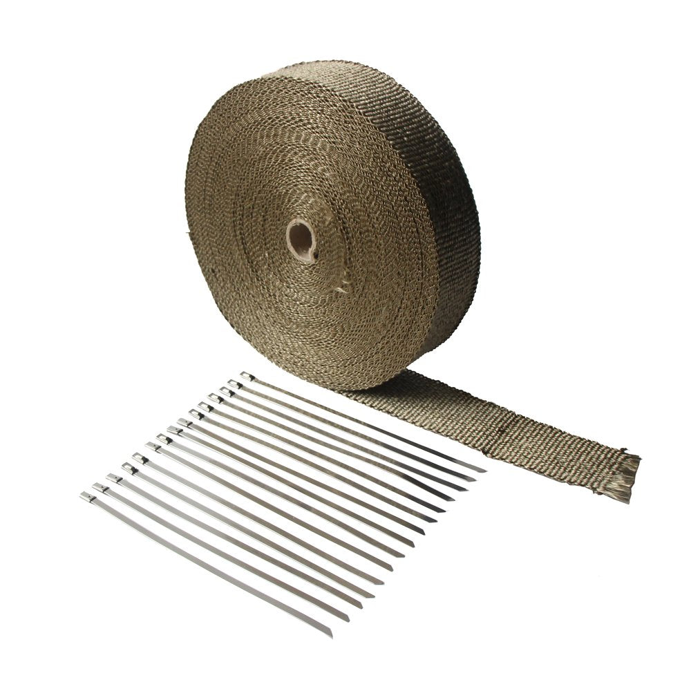LEDAUT titanium exhaust wrap front packaging showing included stainless ties and benefits