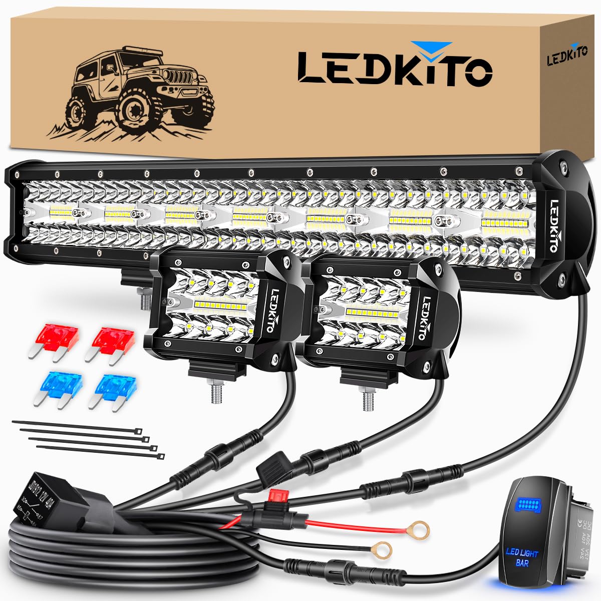 LEDKITO 20in light bar front view showing bright beam and increased visibility