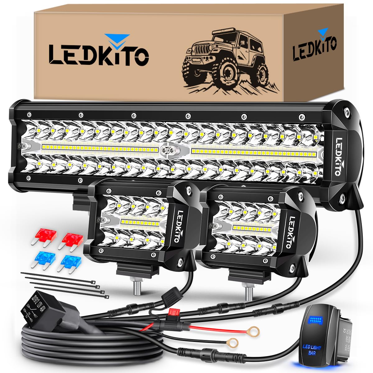 LEDKITO front view of 12in bar and two 4in pods showing powerful beam