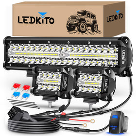 LEDKITO front view of 12in bar and two 4in pods showing powerful beam