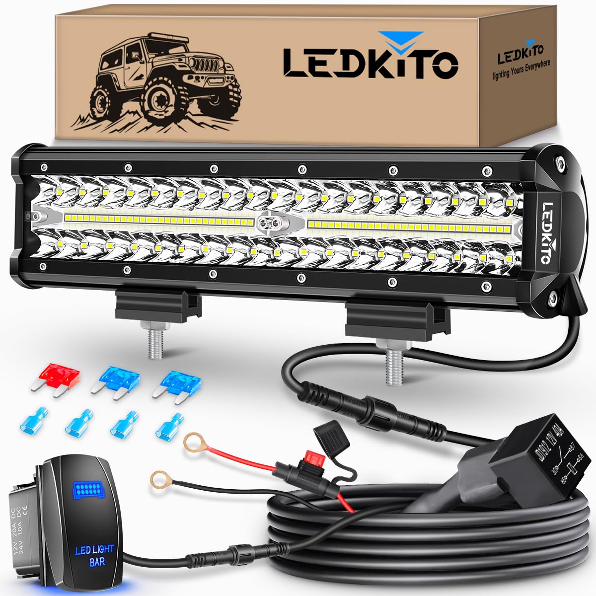 LEDKITO front view of 12-inch light bar showing compact rugged design and bright output
