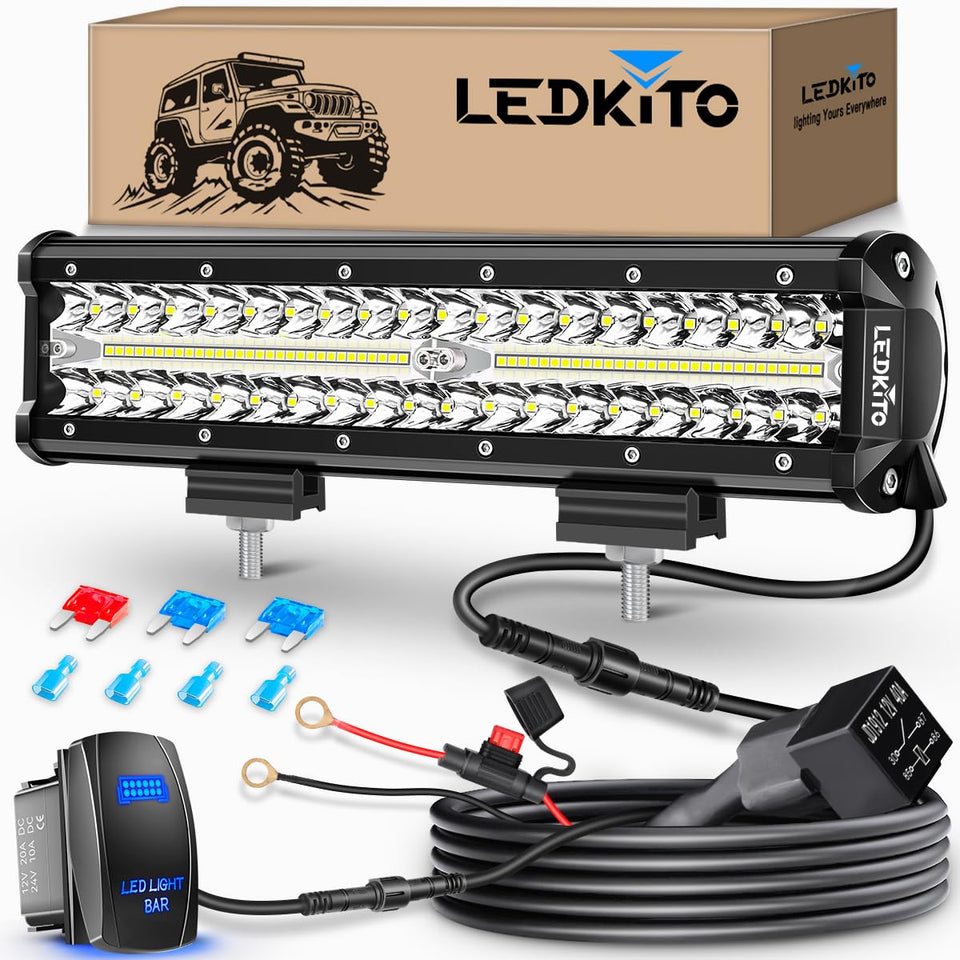 LEDKITO front view of 12-inch light bar showing compact rugged design and bright output