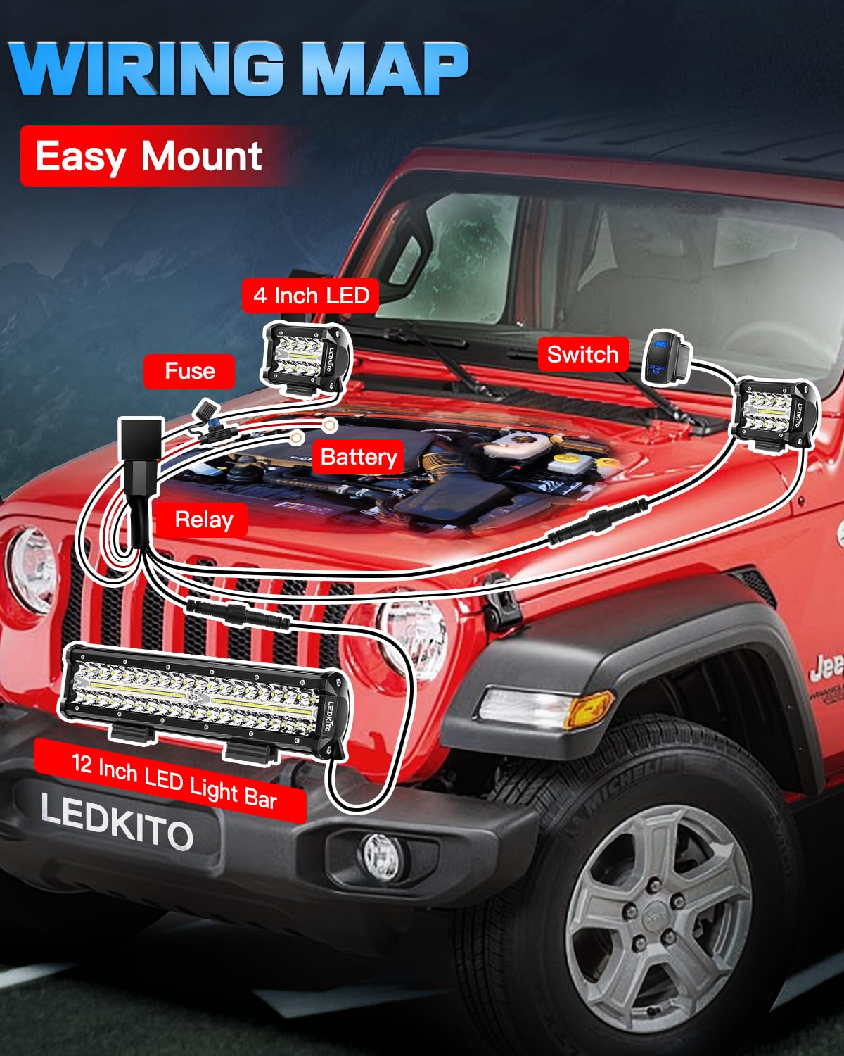 LEDKITO installed on a roof rack at night enhancing road visibility