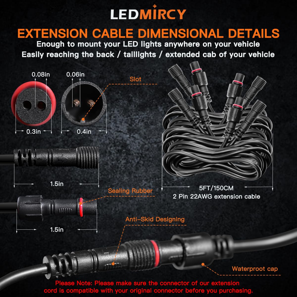 LEDMIRCY connector close-up highlighting IP68 rubber seal for moisture protection