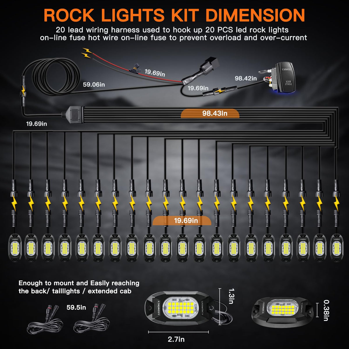 LEDMIRCY mounting screws and extension cords organized for easy flexible placement