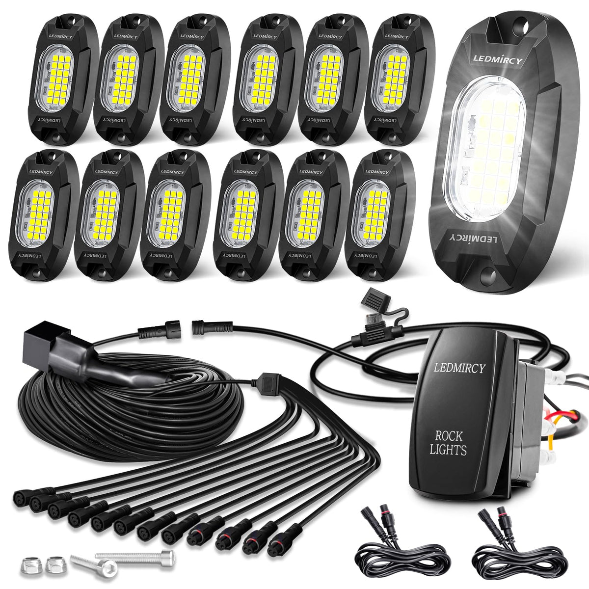 LEDMIRCY R6 front view kit showing all 12 lights and included hardware for easy installation