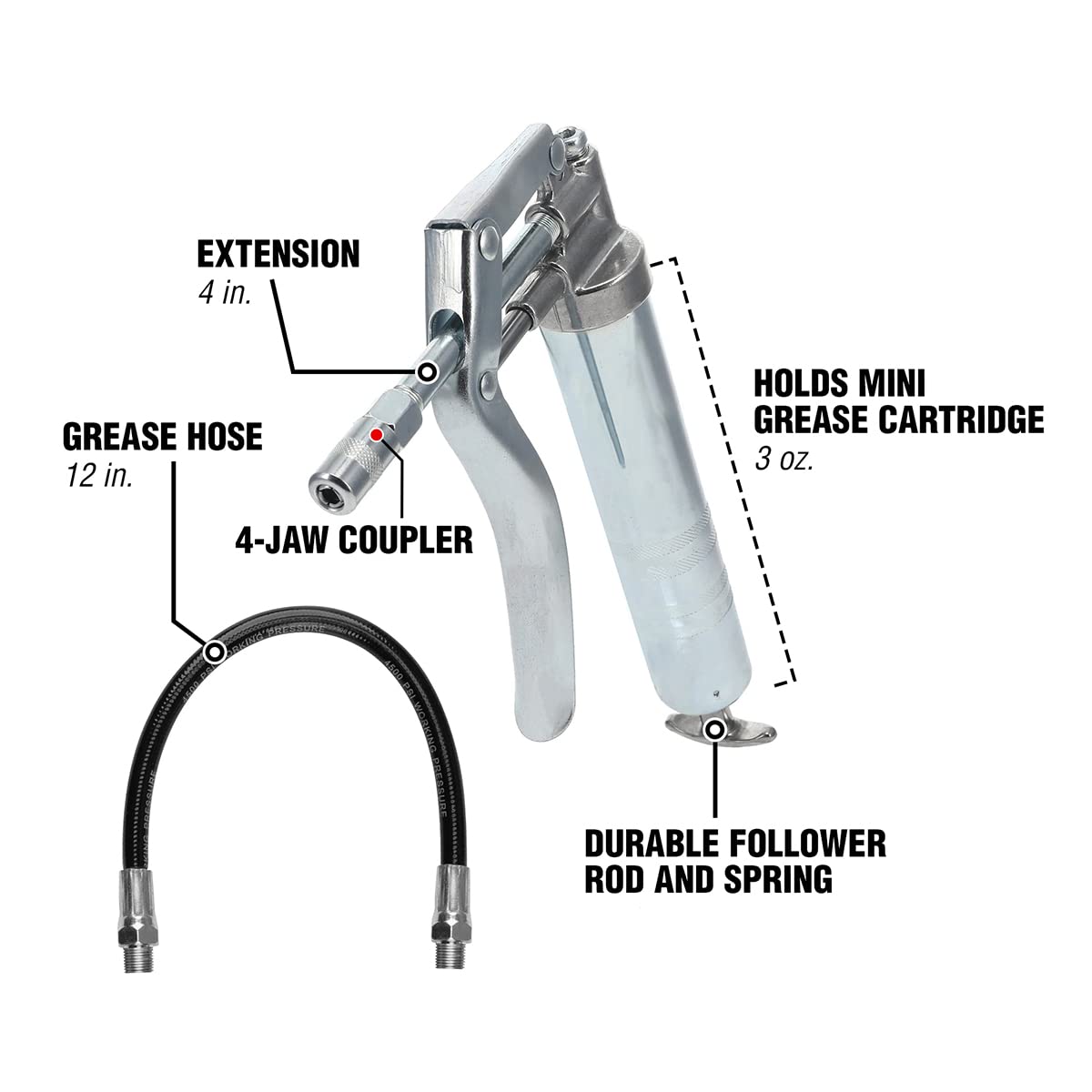 Legacy Manufacturing 4‑jaw coupler closeup demonstrating secure grip on grease fittings