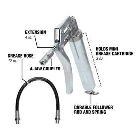 Legacy Manufacturing 4‑jaw coupler closeup demonstrating secure grip on grease fittings