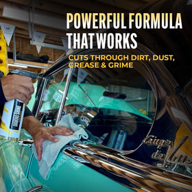 Legendary Car Care spray action mist on glass demonstrating quick cleaning benefit