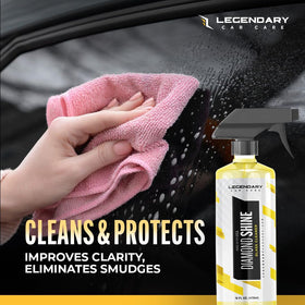 Legendary Car Care in use on windshield showing fast bug-splatter removal benefit