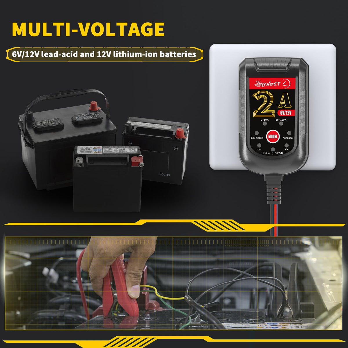 LEICESTERCN charging a motorcycle battery demonstrating easy in‑garage use