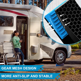 LEIDGG chock engaged with RV wheel showing secure locking benefit
