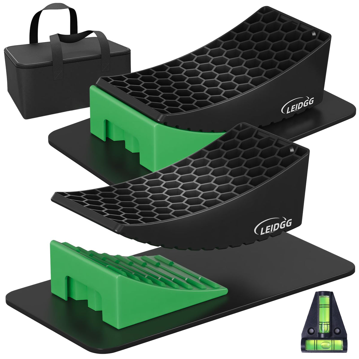 LEIDGG front packaging showing complete leveling kit and portability