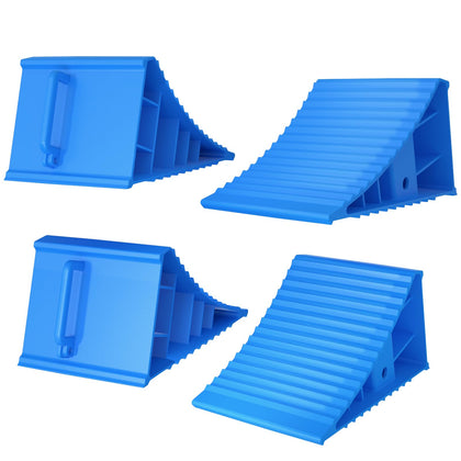 LEIDGG front view of four bright chocks showing durable construction and visibility